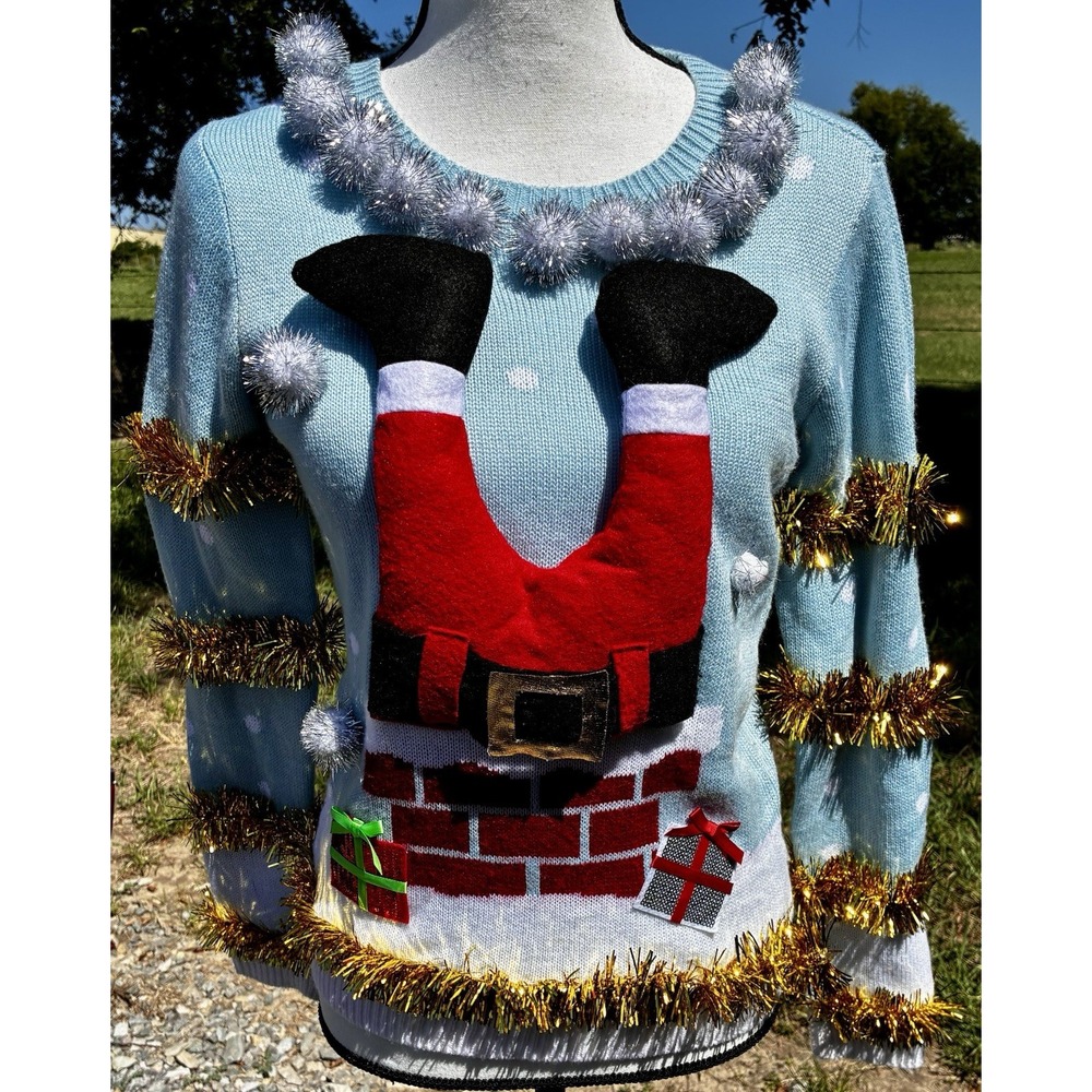 JC Penney Womens XS Festive Ugly Merry Christmas Santa Chimney Blue Sweater Xmas